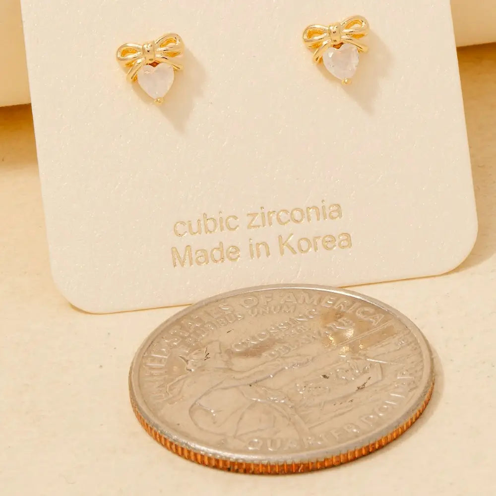 Gold Dipped Cz Bow Heart Stud Earrings
