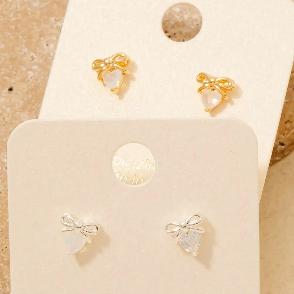 Gold Dipped Cz Bow Heart Stud Earrings