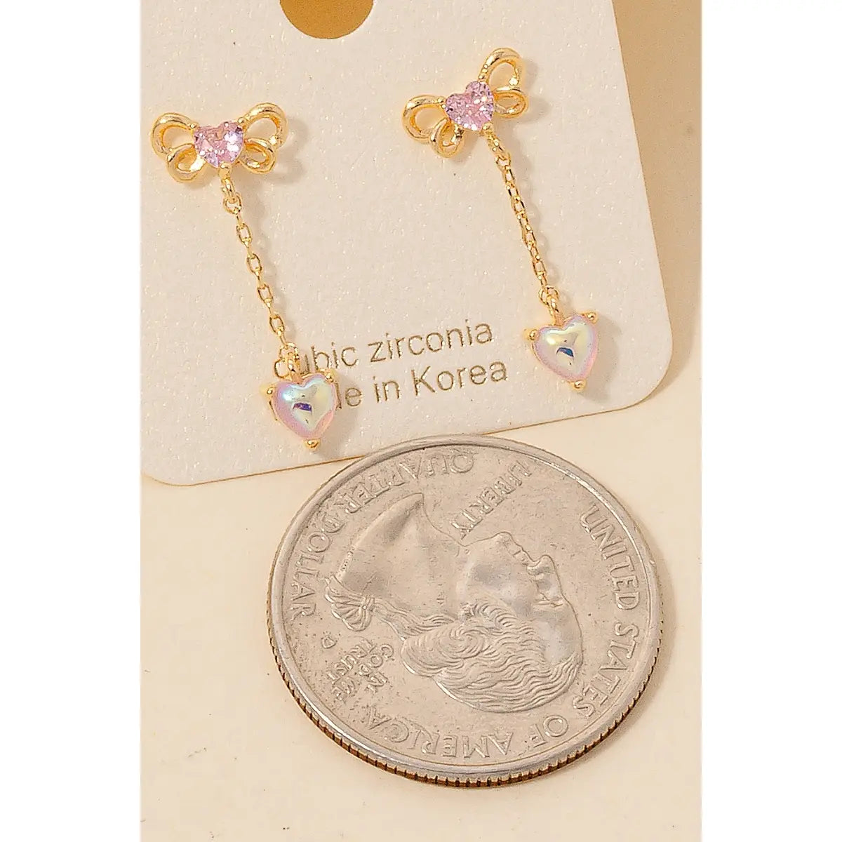 Cz Bow and Iridescent Heart Chain Dangle Earrings