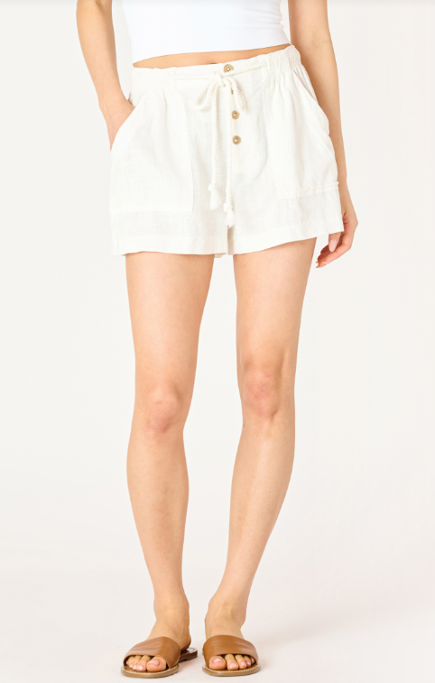 Button Front Drawstring Shorts - White
