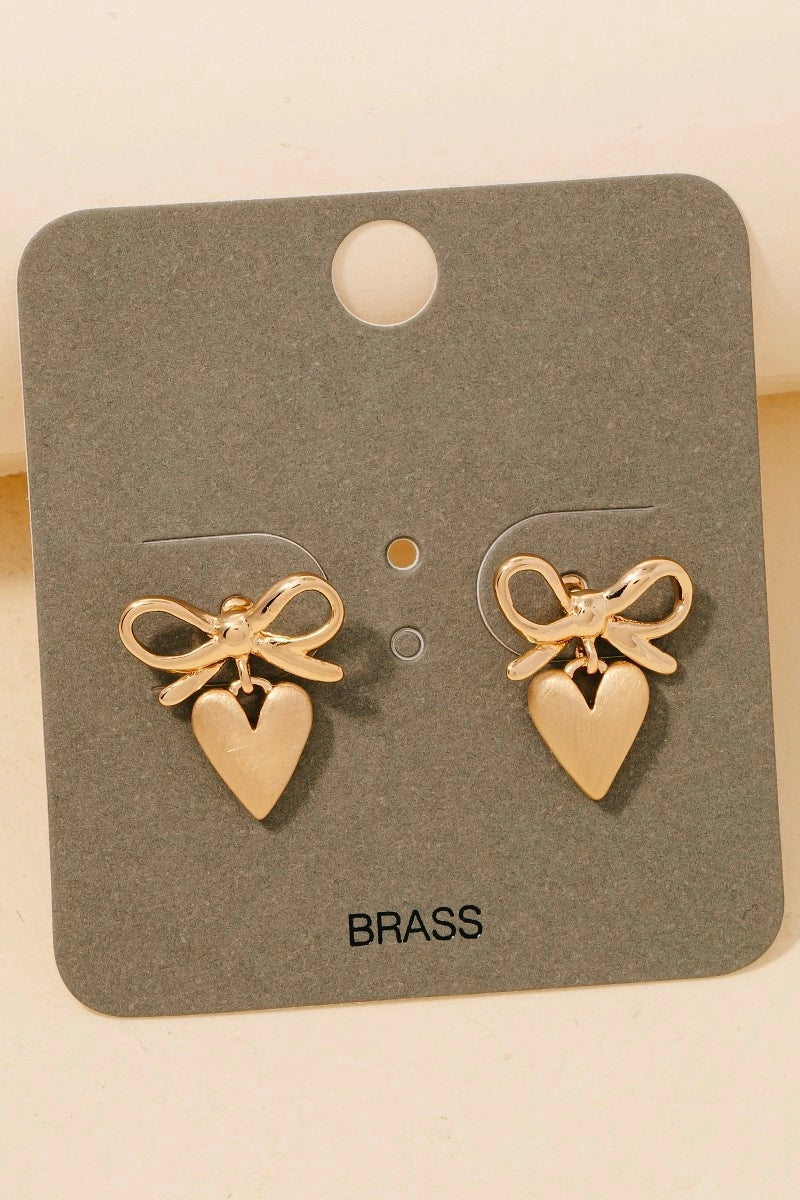Brushed Metallic Heart Charm Ribbon Bow Stud Earrings