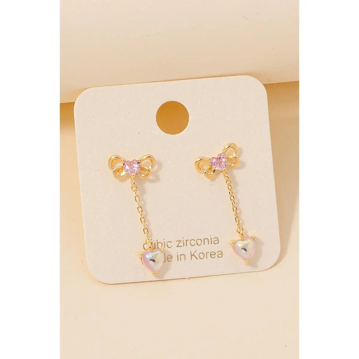 Cz Bow and Iridescent Heart Chain Dangle Earrings