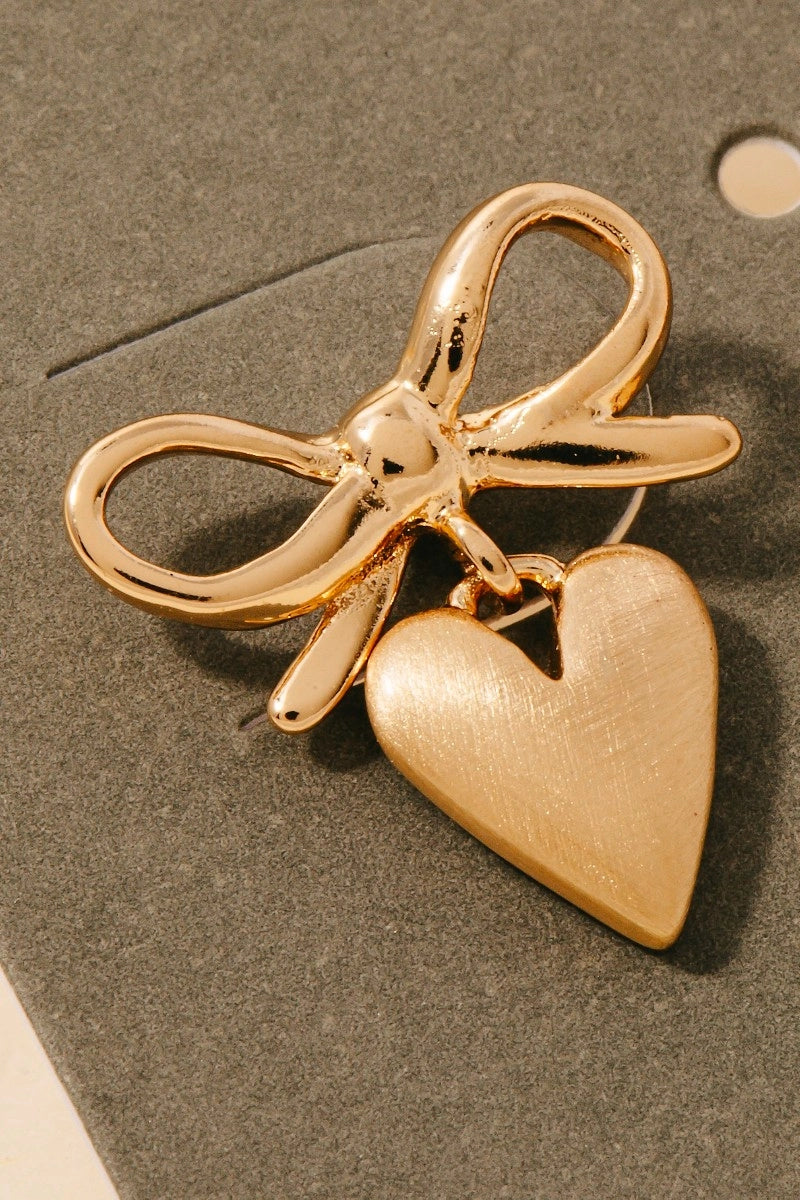 Brushed Metallic Heart Charm Ribbon Bow Stud Earrings