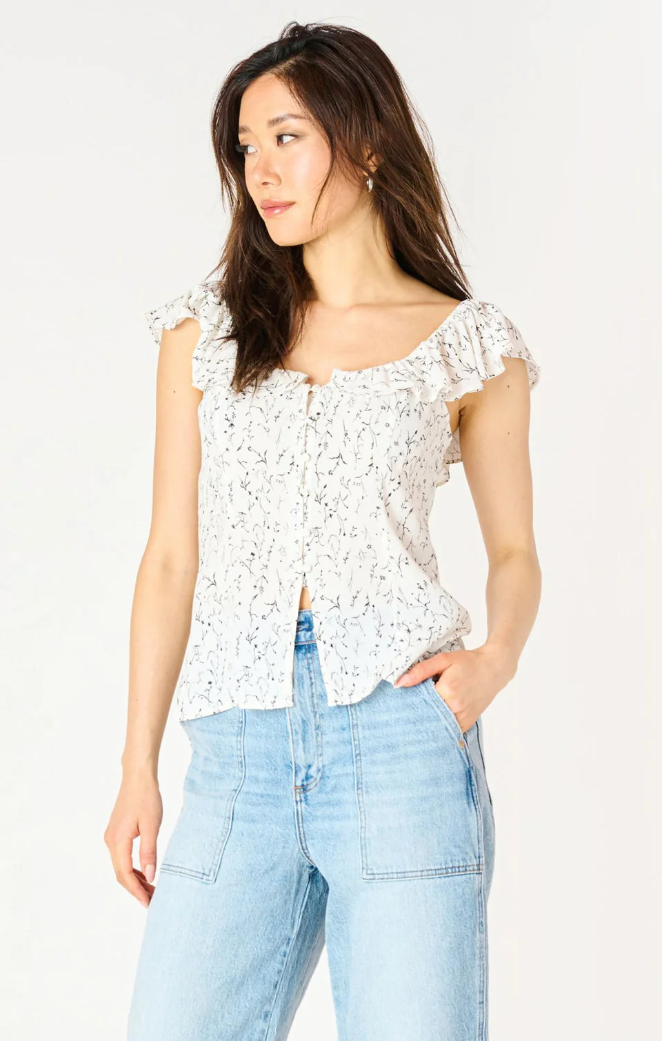 White/Black Branch Ruffle Sleeve Slit Hem Top