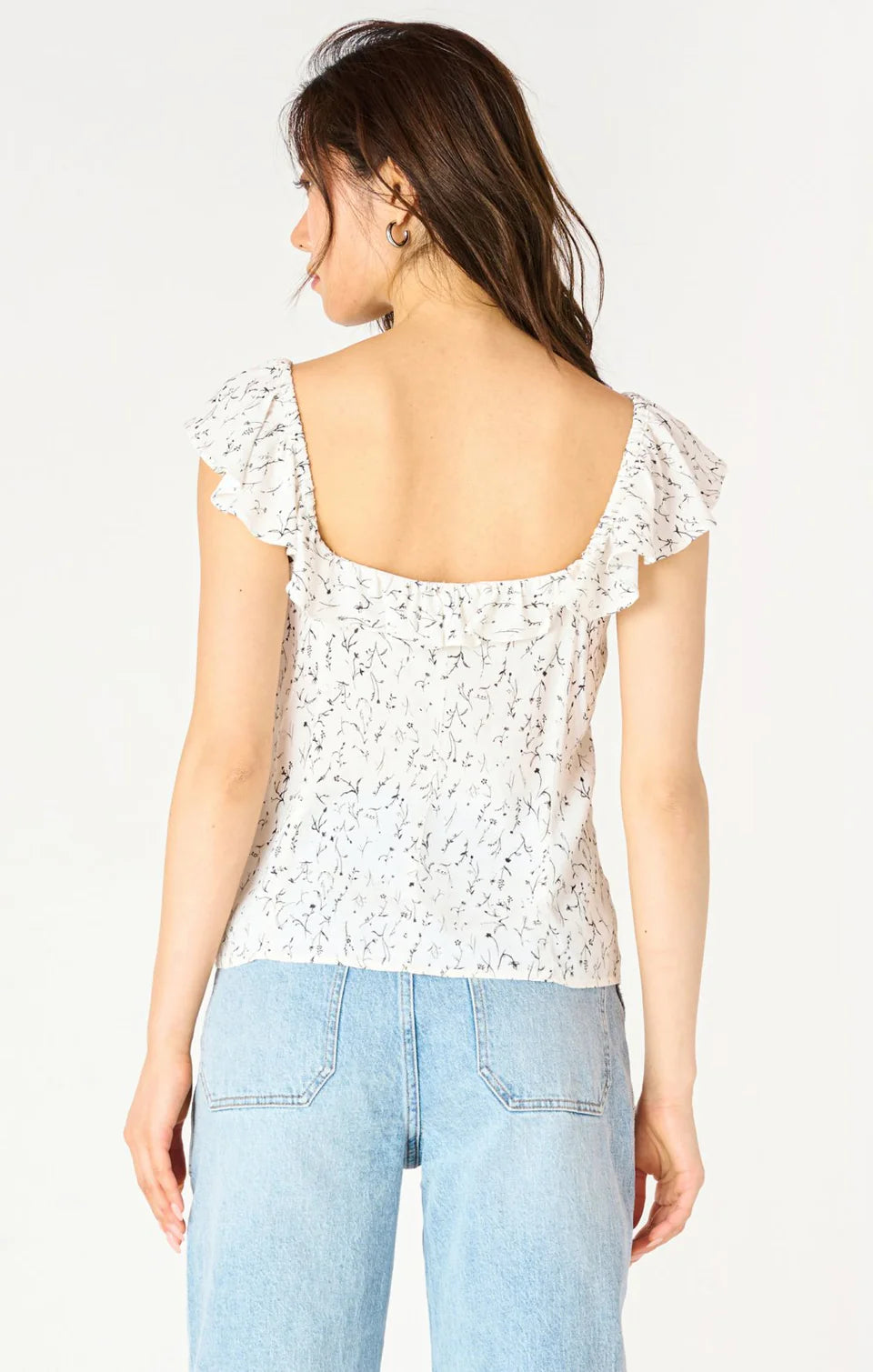 White/Black Branch Ruffle Sleeve Slit Hem Top