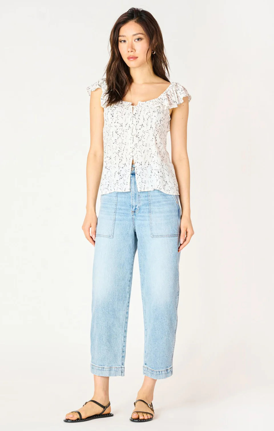 White/Black Branch Ruffle Sleeve Slit Hem Top
