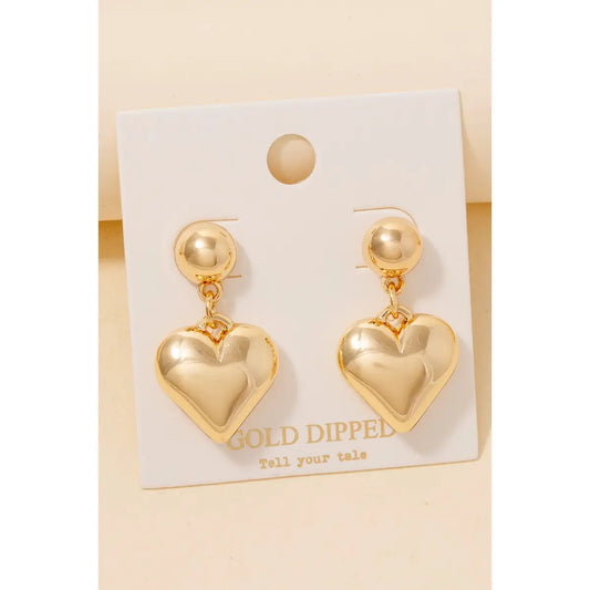 Gold Dipped Rounded Heart Dangle Earrings