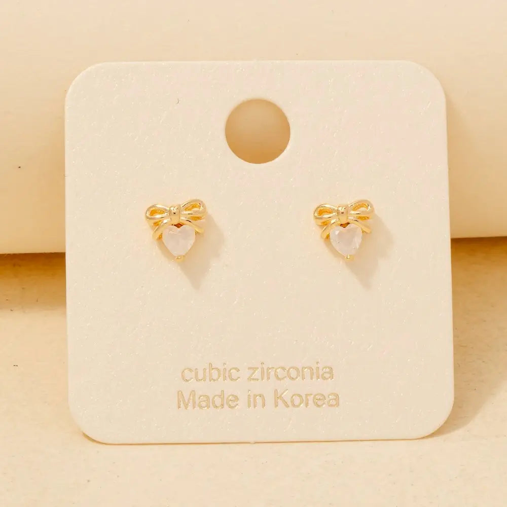 Gold Dipped Cz Bow Heart Stud Earrings