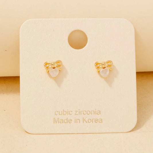 Gold Dipped Cz Bow Heart Stud Earrings
