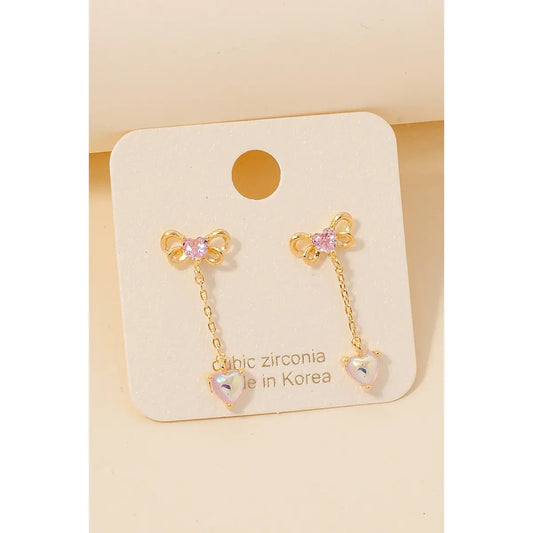 Cz Bow and Iridescent Heart Chain Dangle Earrings