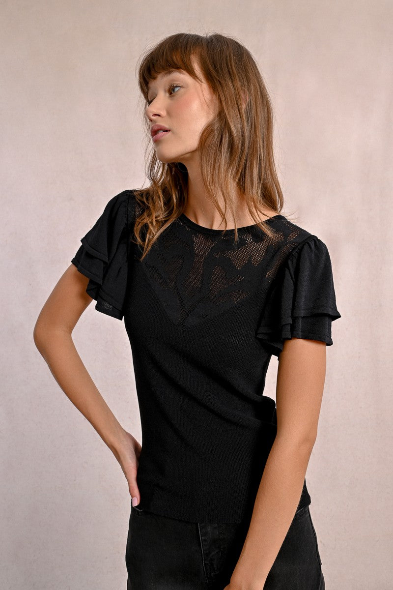 Fitted T-shirt with ruffled sleeves